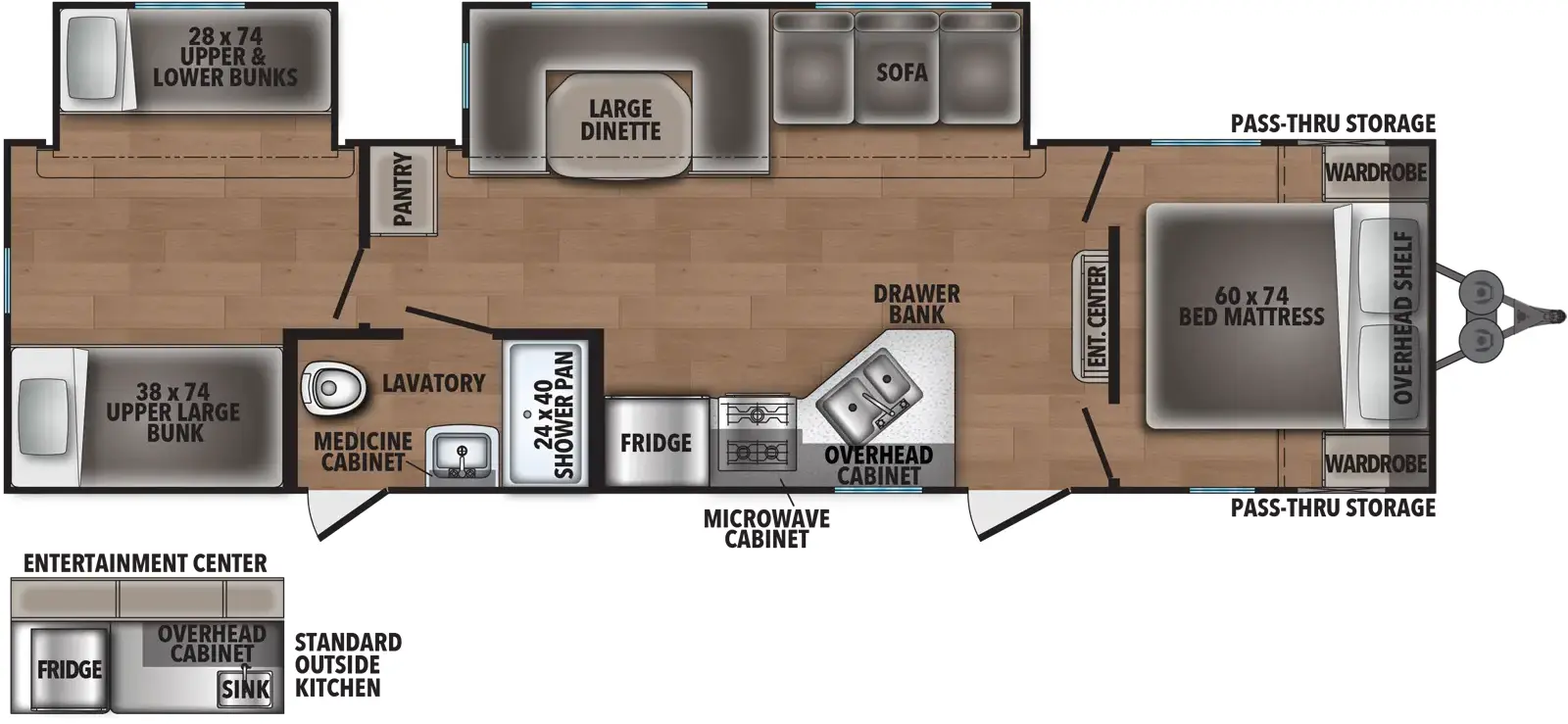 The 32DS has two slide outs on the off-door side and two entry doors on the door side. Interior layout from front to back: front bedroom with side-facing queen bed; kitchen living dining area with off door side slide out containing sofa and large dinette; entertainment center; kitchen with double basin sink, overhead cabinet, cook top stove, microwave cabinet, and refrigerator; bathroom; and rear bedroom with off door side slide out containing bunks and one bunk adjacent from the others. Door-side outside entertainment center with overhead cabinets, sink and mini-fridge. 